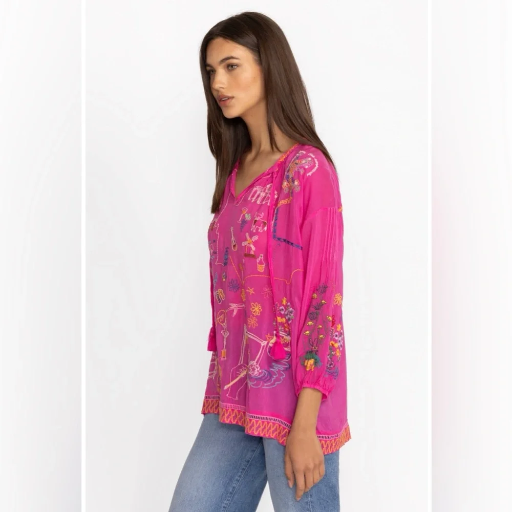 JOHNNY WAS Zadonia Embroidered Tie Neck Blouse in Fuchsia Pink